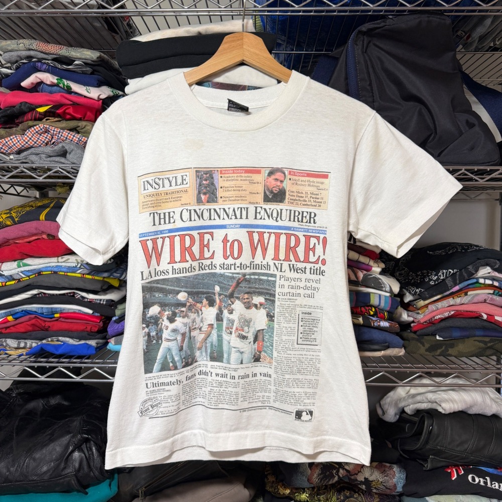 Vintage Cincinnati Enquirer Reds Wire to Wire 1990 Paper T-Shirt Men Small White